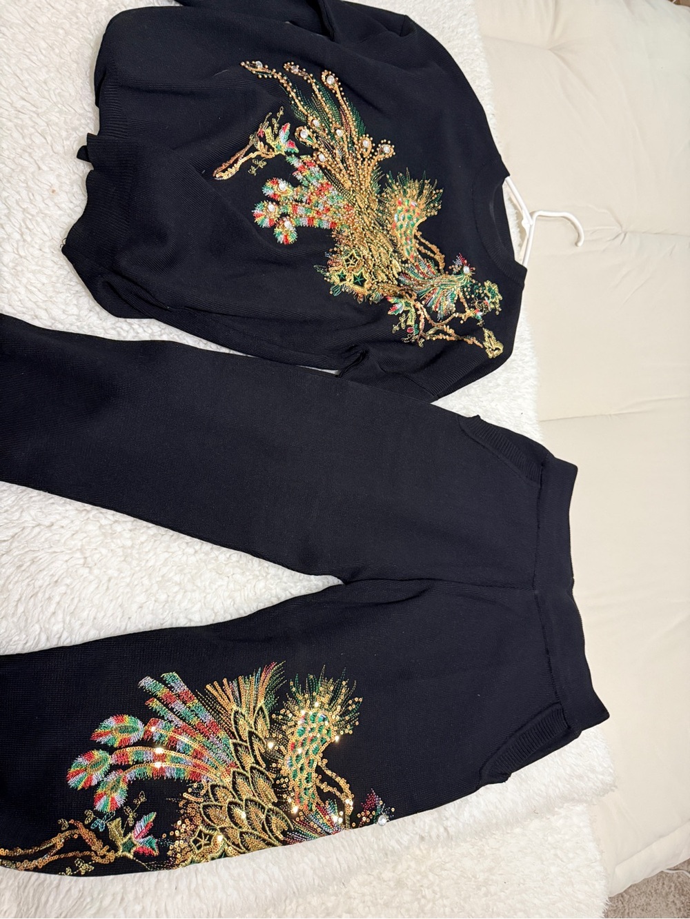 Black Embellished Sweatshirt and Joggers Set with Gold Multicolor Peacock Detail